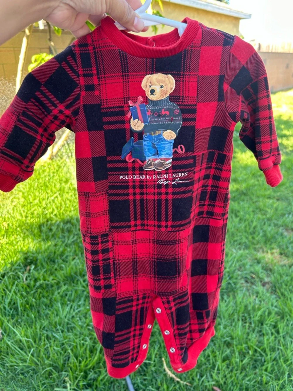 Ralph Lauren Red and Black Plaid Baby Romper with Polo Bear